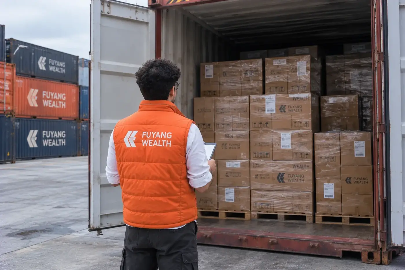 Equipo de Fuyang Wealth revisando la carga de un contenedor